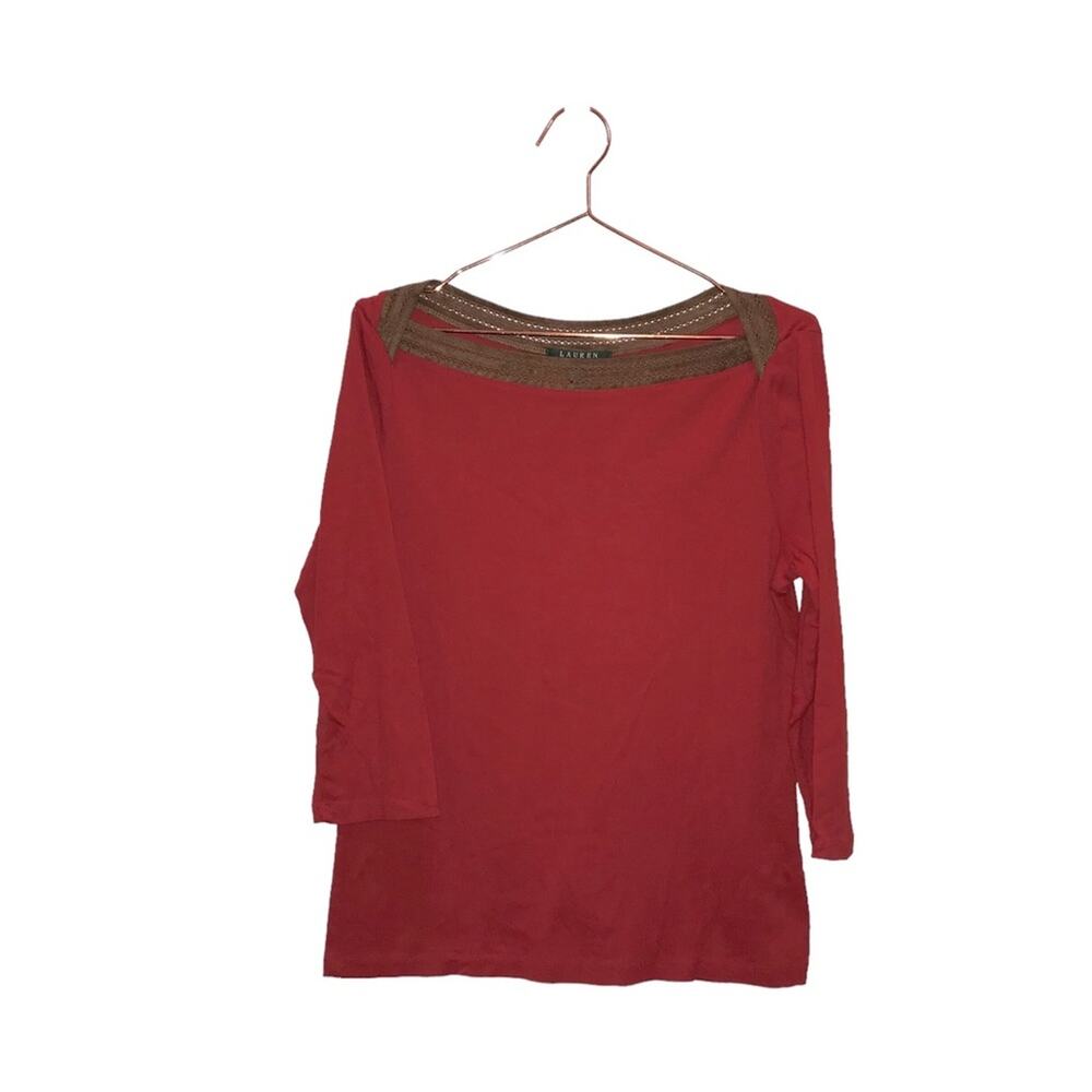 Lauren Ralph Lauren brown lace around neck line red top size large